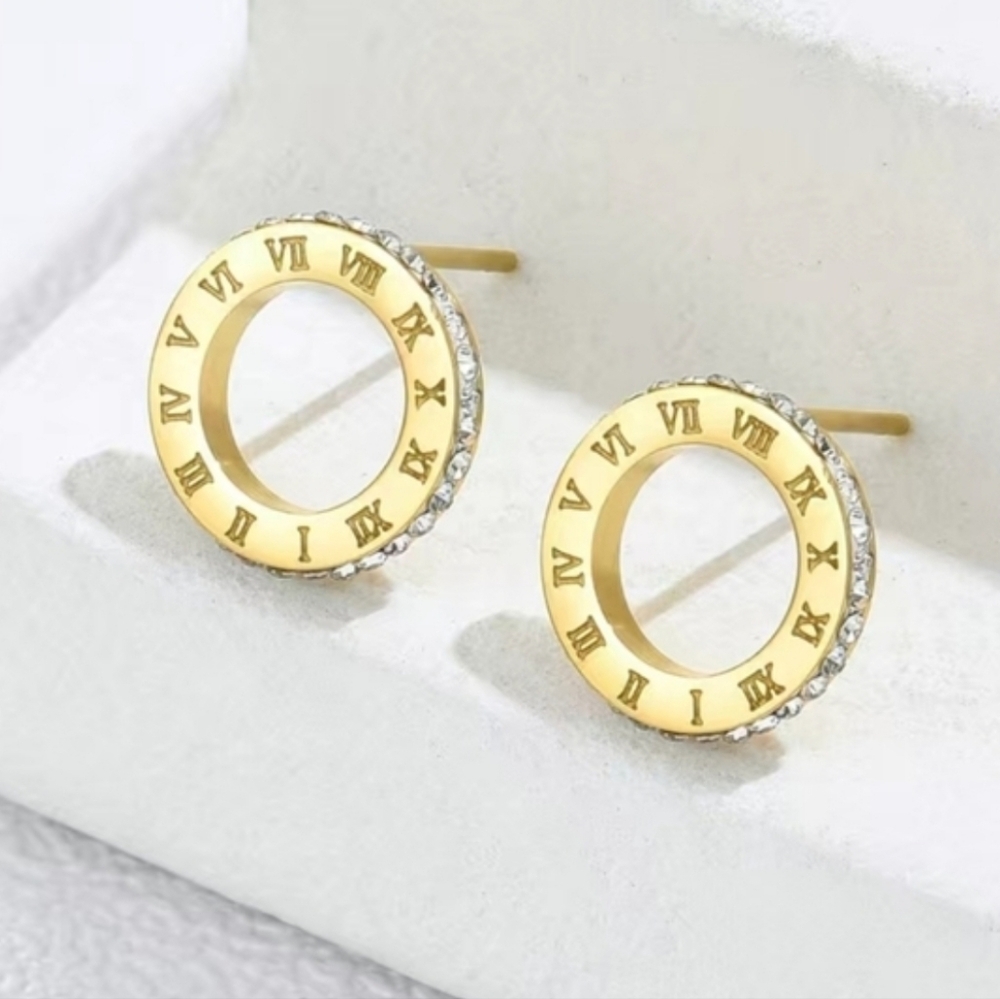 18k Gold Plated Roman Numeral Stud Earrings